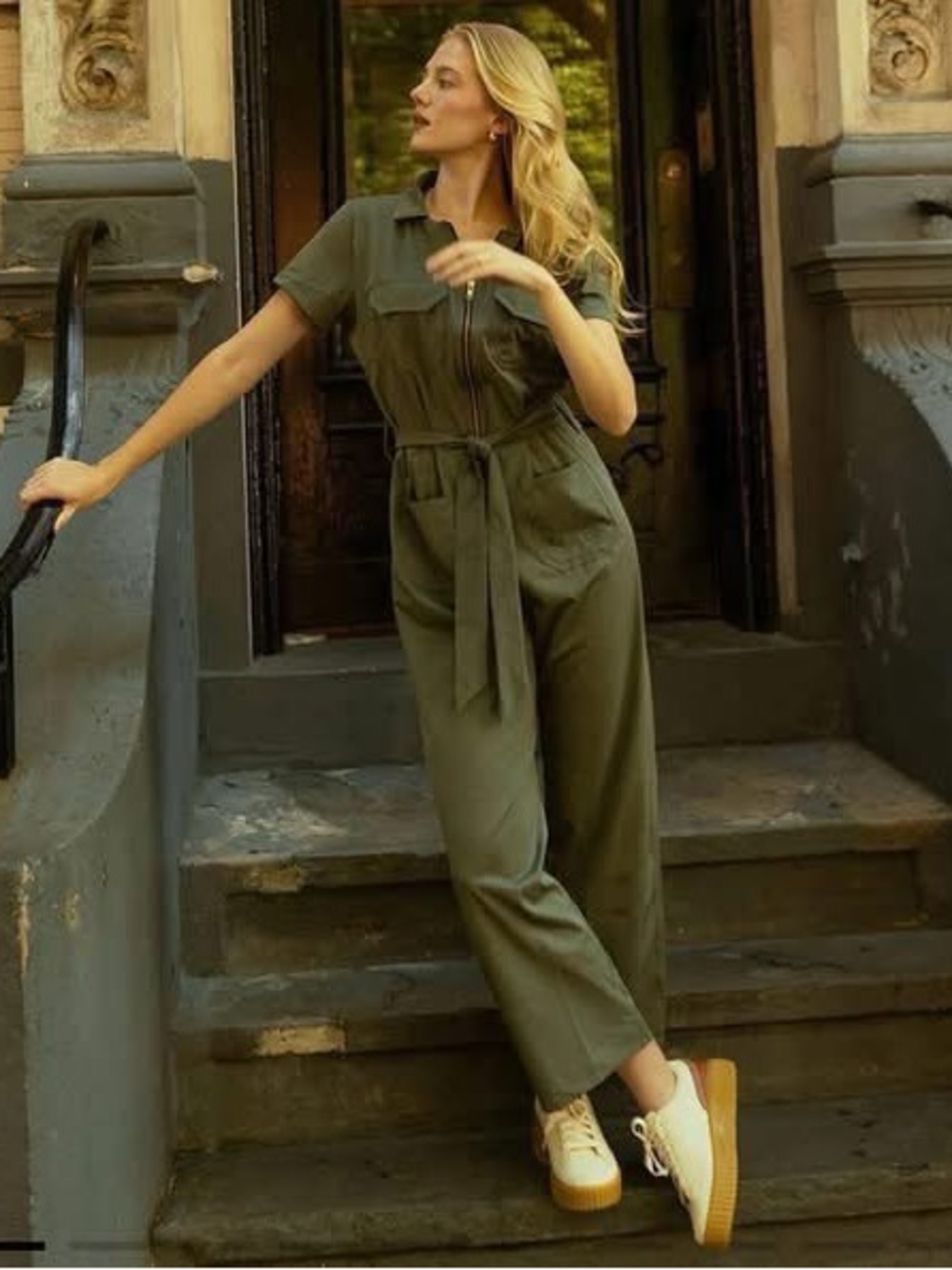 Utility Zip-Front Jumpsuit in Olive with Tie Waist